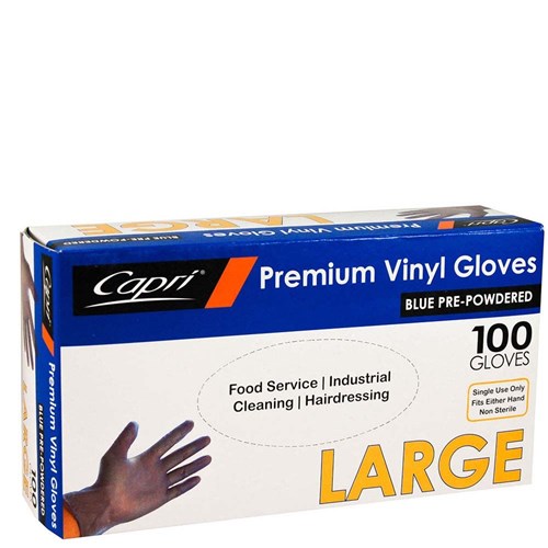 CAPRI BLUE VINYL GLOVE LGE POWDER 100's